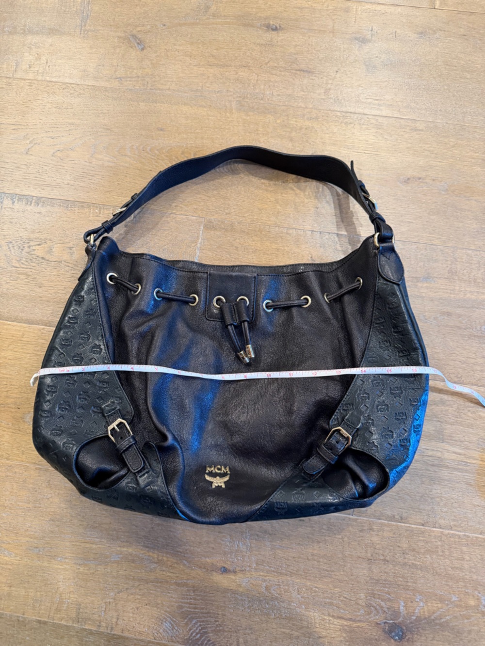 MCM Black Leather Monogram Drawstring Hobo with Gold Hardware - Picture 12 of 15